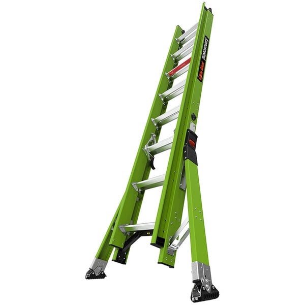 A green Little Giant fiberglass extension ladder with black accents.