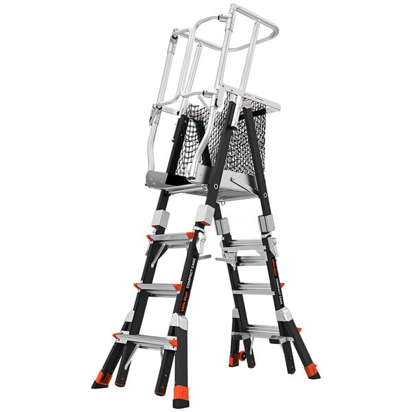 A black Little Giant ladder with orange accents.