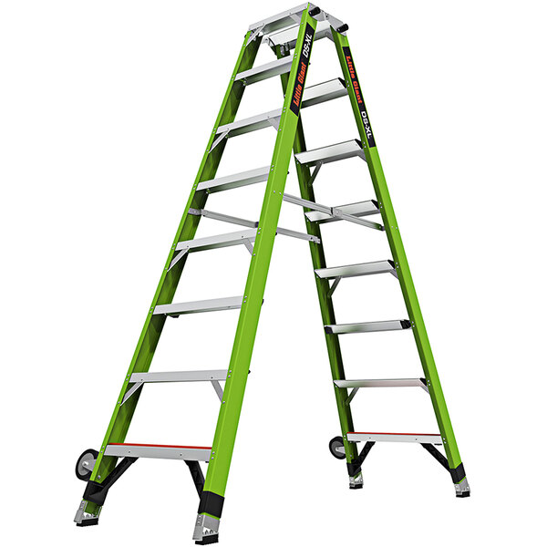 A green Little Giant double-sided ladder with black wheels.