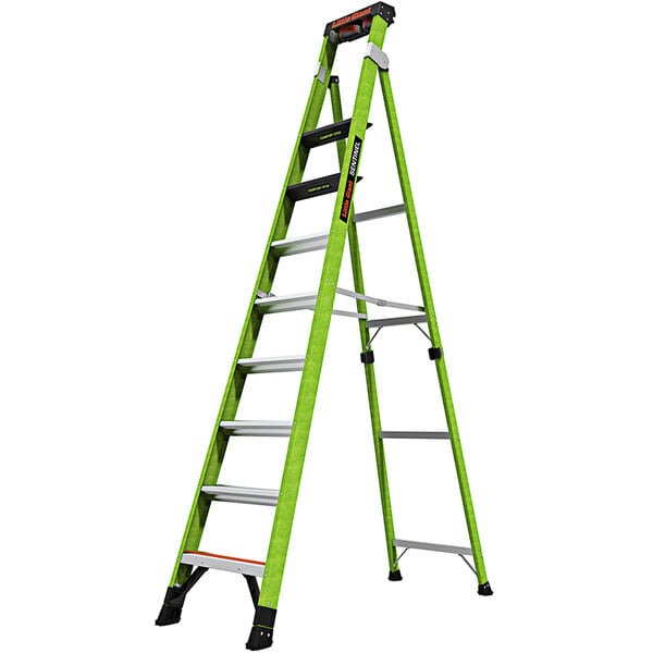 A green Little Giant fiberglass ladder with black handles.