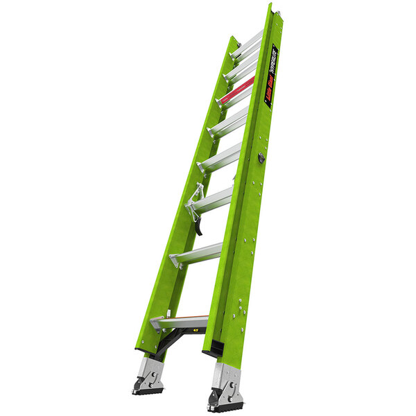 A green Little Giant HyperLite fiberglass extension ladder with black and silver bars.