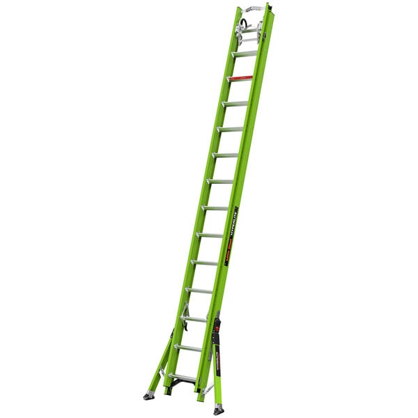A green Little Giant HyperLite SumoStance fiberglass extension ladder with metal cable hooks, claw, and V-bar.