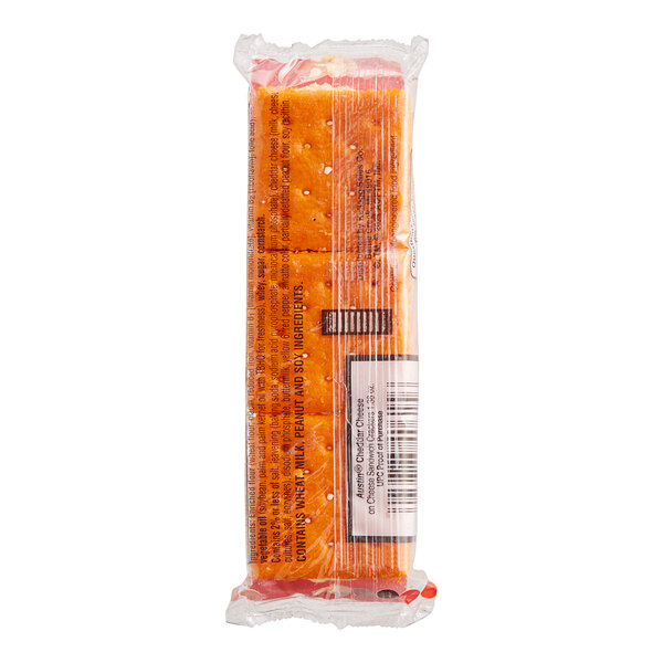 A package of Austin Cheddar Cheese on Cheese Sandwich Crackers on a white background.