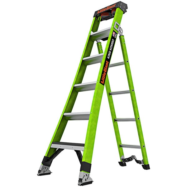A green Little Giant King Kombo ladder with black handles.
