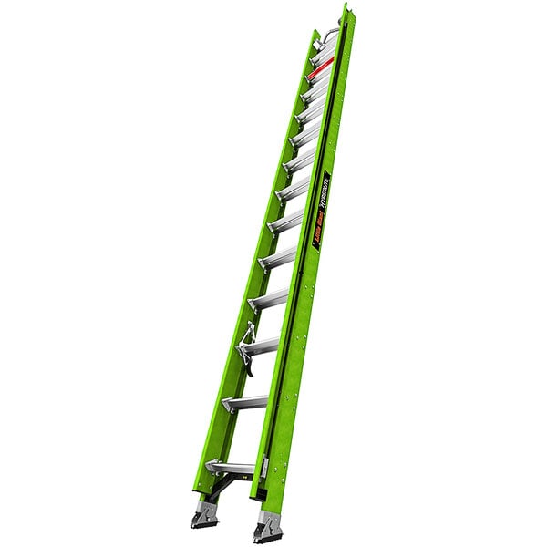 A green Little Giant extension ladder with silver metal bars.