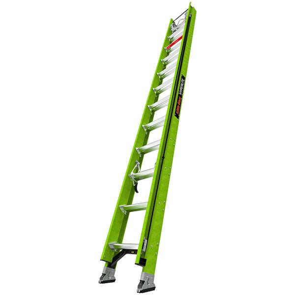 A green Little Giant fiberglass extension ladder.