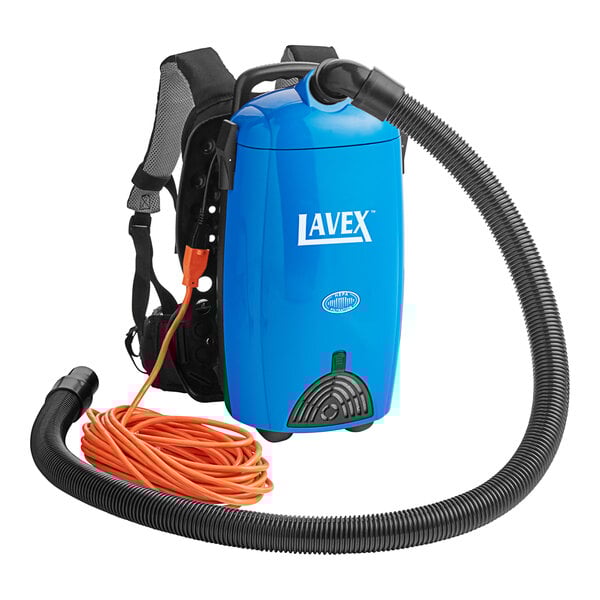 A blue Lavex backpack vacuum with a black strap and hose.