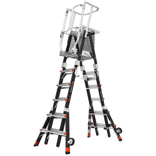 A black and orange Little Giant fiberglass ladder with a basket on top.