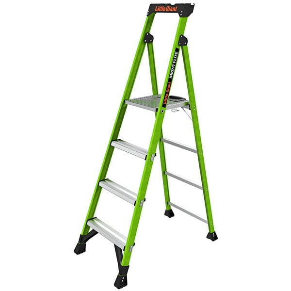 A green Little Giant fiberglass step ladder with black legs and three steps.