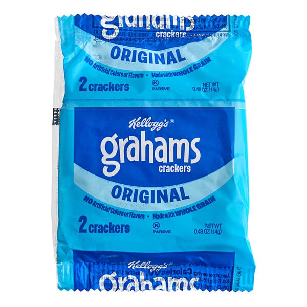 A blue and white package of Kellogg's Original Grahams cookies.