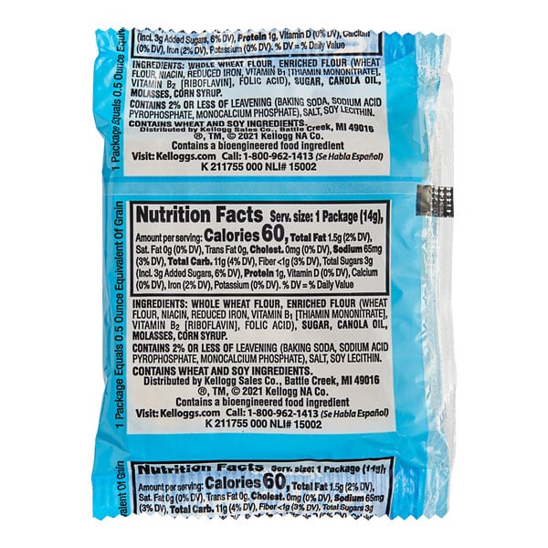 A close-up of a blue Kellogg's Original Grahams package with black and white nutrition facts.