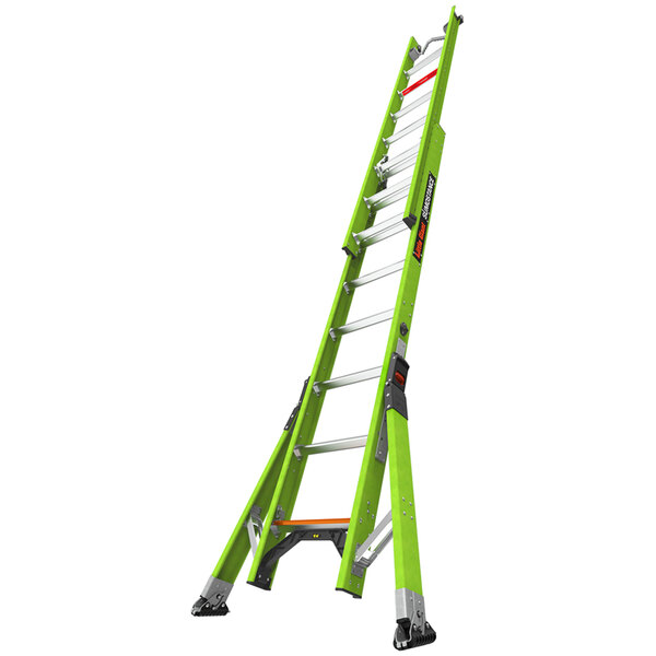 A green Little Giant fiberglass ladder with silver ladders.