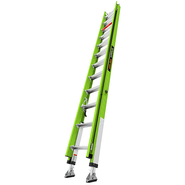 A green Little Giant fiberglass extension ladder with black and white text on the side.