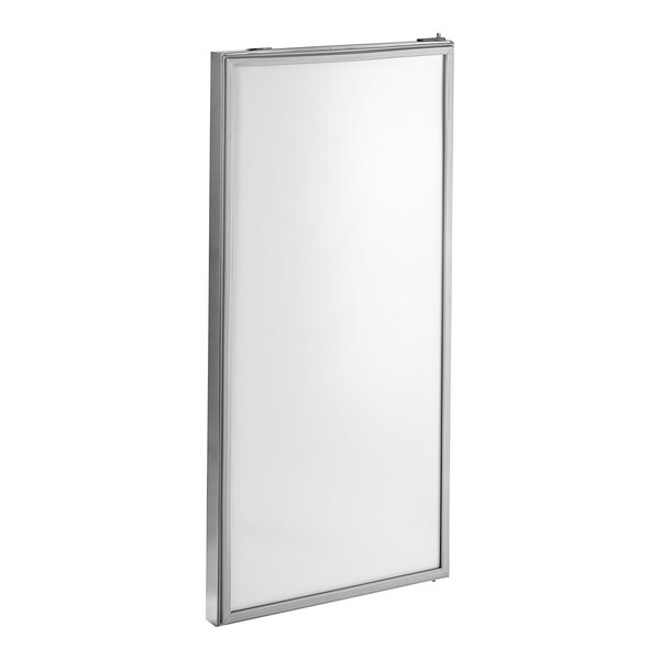 A white rectangular door with a metal frame.