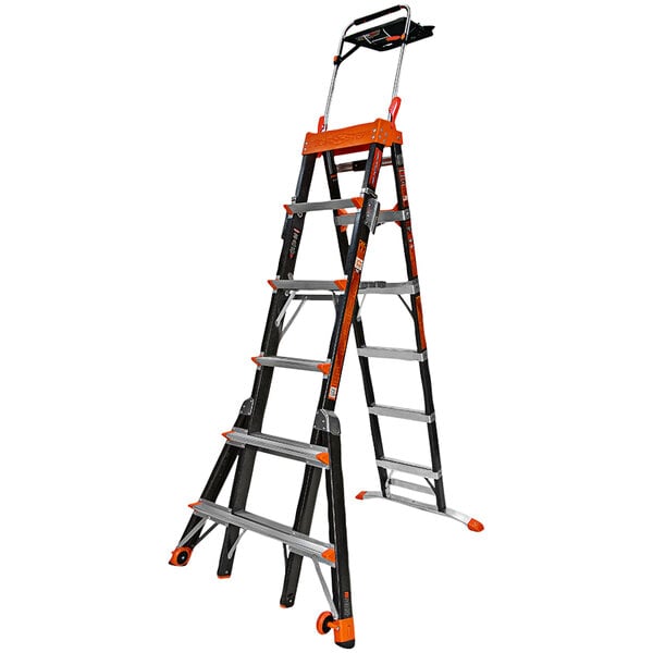 A Little Giant fiberglass industrial step ladder with orange and black handles.