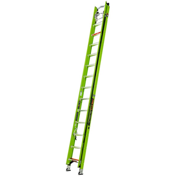 A green Little Giant fiberglass extension ladder with cable hooks, claw, and V-bar.