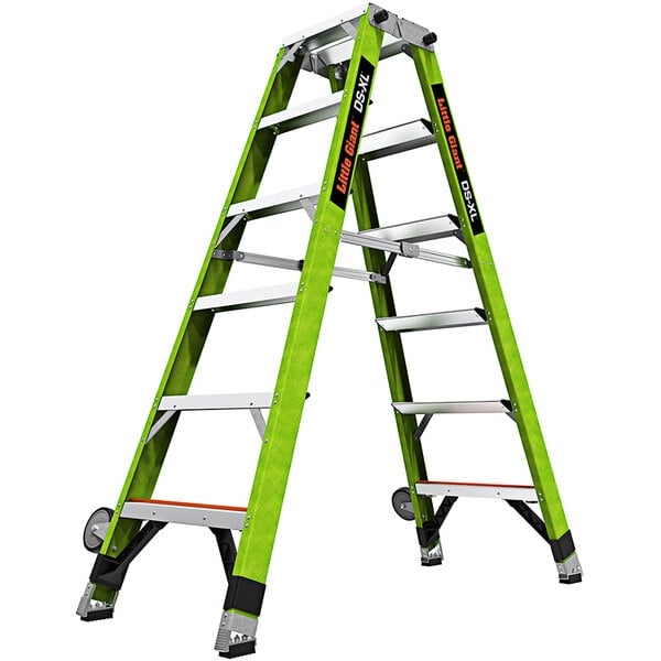 A Little Giant green fiberglass ladder with wheels.