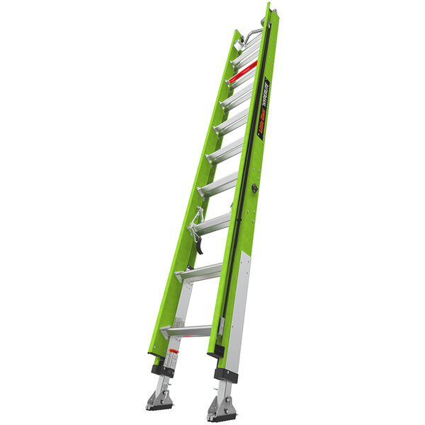 A green Little Giant fiberglass extension ladder with silver legs.