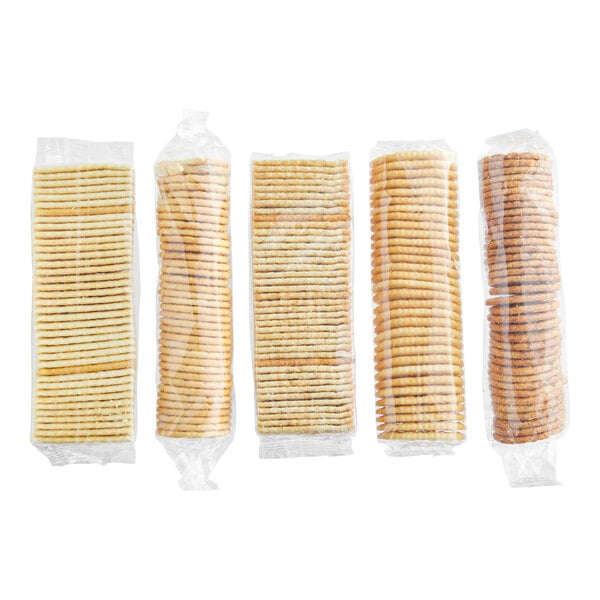 A row of Kellogg's Cracker Medley in plastic bags.