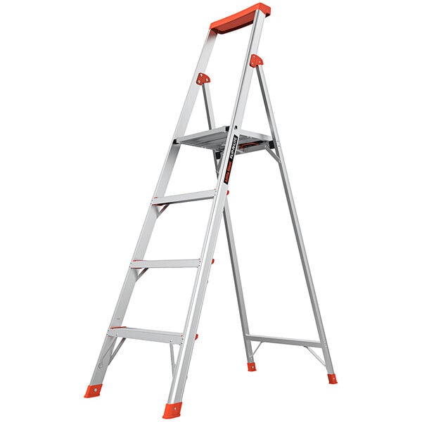 An aluminum Little Giant step ladder with orange handles.