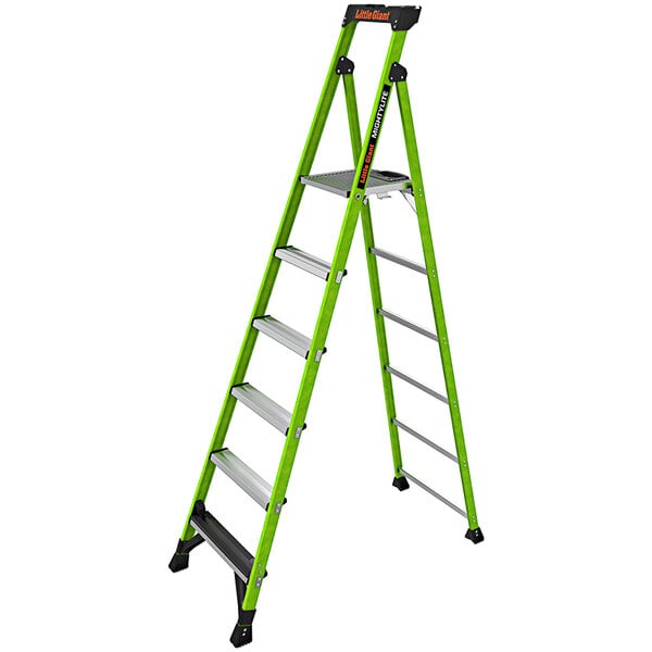 A green Little Giant fiberglass step ladder with black handles and two steps.