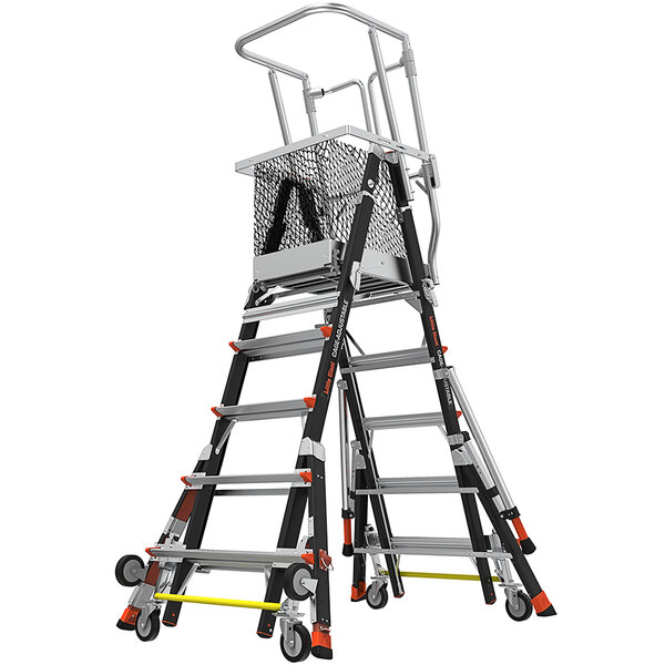 A Little Giant industrial ladder with wheels and a basket on top.