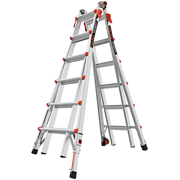 A Little Giant aluminum articulated ladder with wheels.