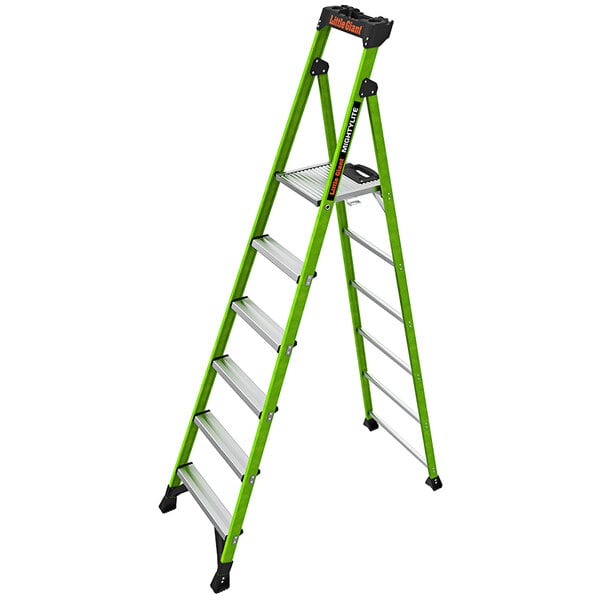 A green Little Giant fiberglass step ladder with black handles.