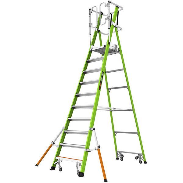 A green Little Giant fiberglass ladder with wheels.