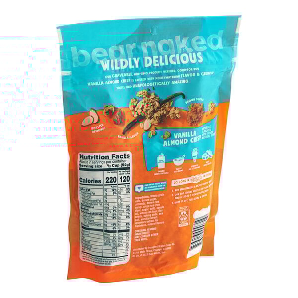 A bag of Bear Naked V'nilla Almond Granola with text and pictures on the label.