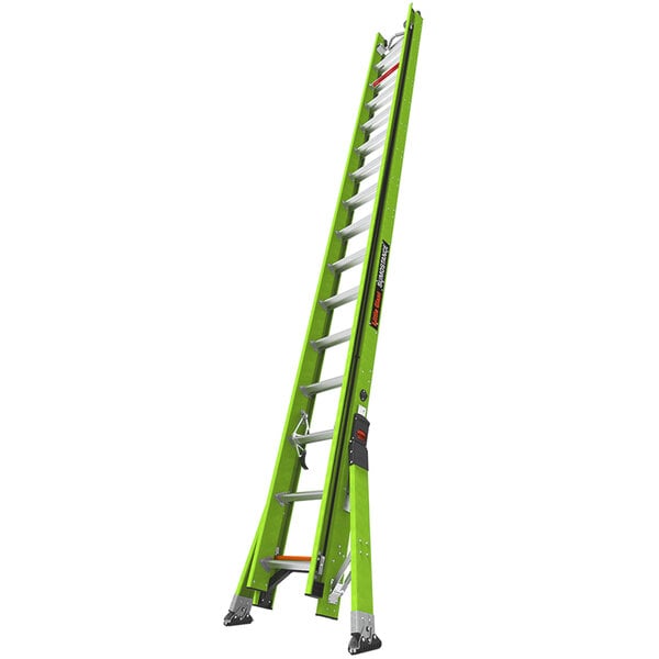 A green Little Giant fiberglass extension ladder with a white background.