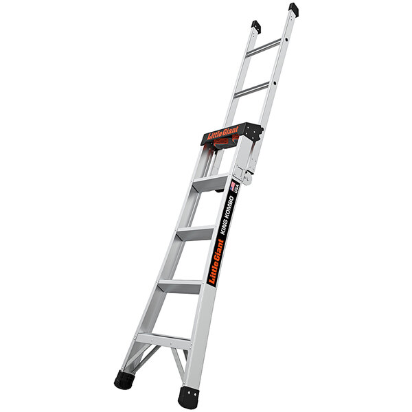 A white and black Little Giant King Kombo ladder with orange handles.
