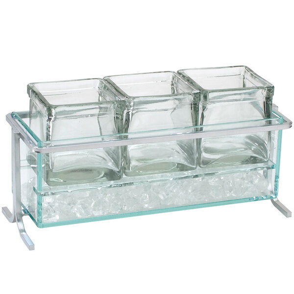 A Cal-Mil iron display stand holding three glass containers with ice.