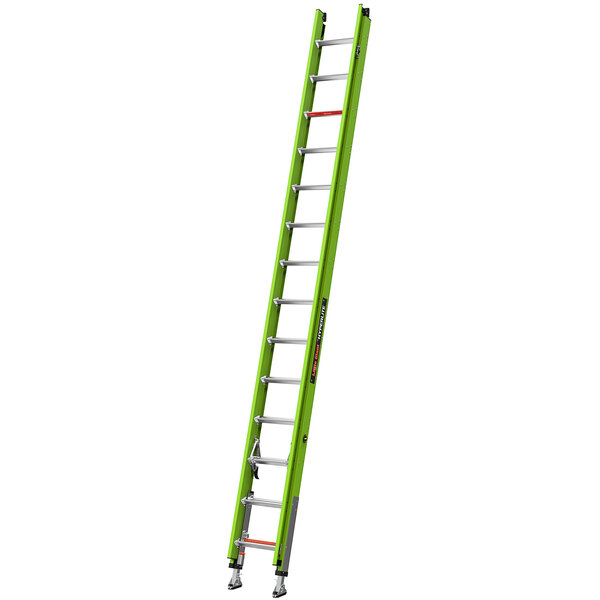 A green Little Giant fiberglass extension ladder with silver metal bars.