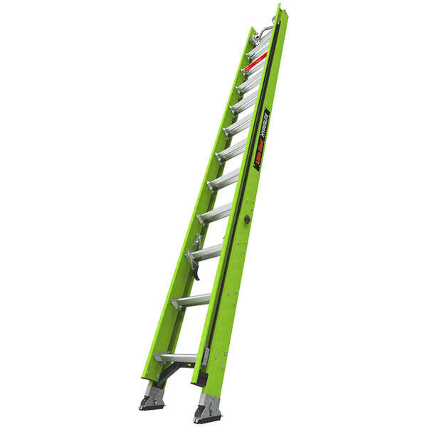 A green Little Giant fiberglass extension ladder with cable hooks and a V-rung.