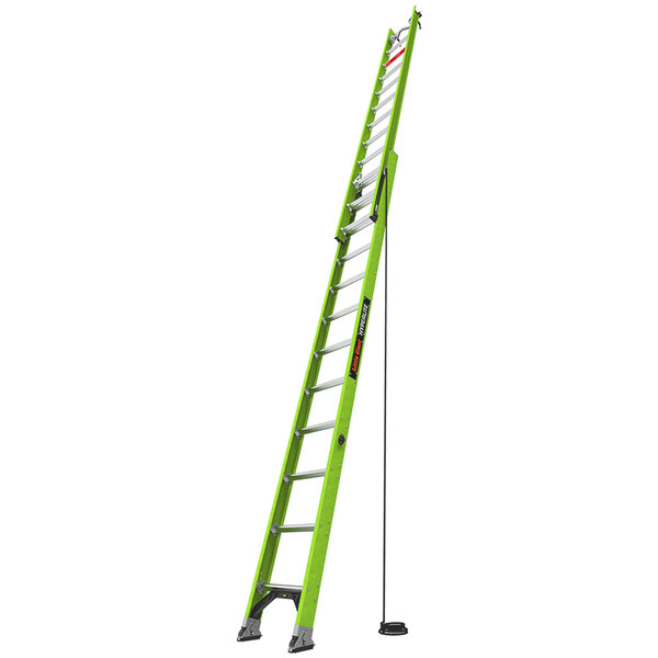 A green Little Giant HyperLite extension ladder with a black handle on the side.