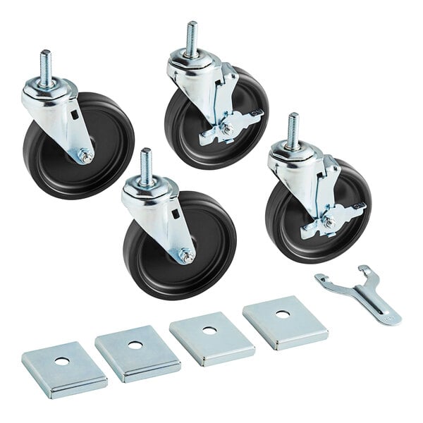 A set of four Beverage-Air stem casters with black rubber wheels and metal parts.