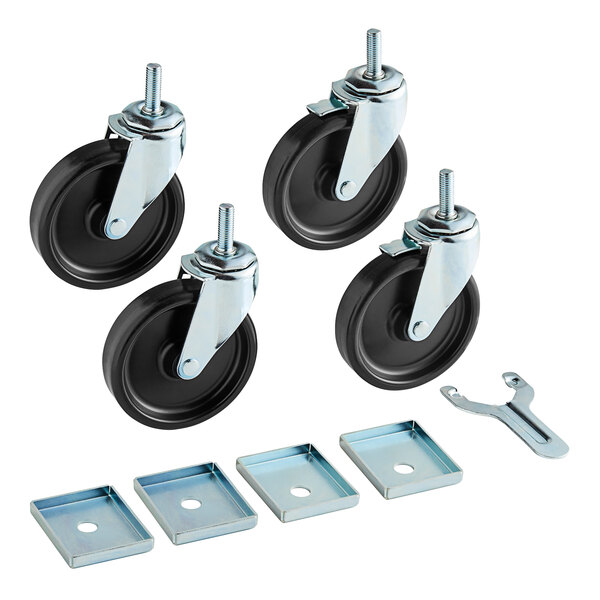 A set of four black Beverage-Air stem casters with metal parts.