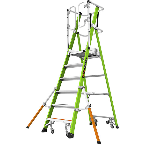 A green Little Giant fiberglass ladder with orange handles and wheels.