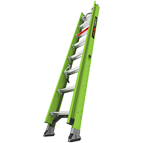 A green Little Giant fiberglass extension ladder with silver bars and black handles.