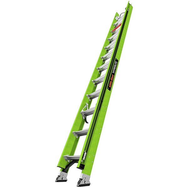 A green Little Giant HyperLite fiberglass extension ladder with black and silver labels.