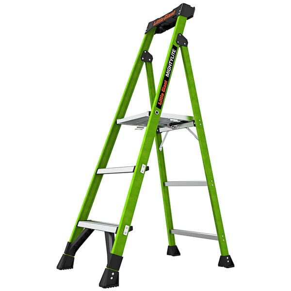 A green Little Giant fiberglass step ladder with black handles and two steps.