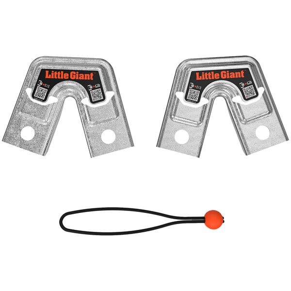 Two silver metal Little Giant Trestle Brackets with black labels.