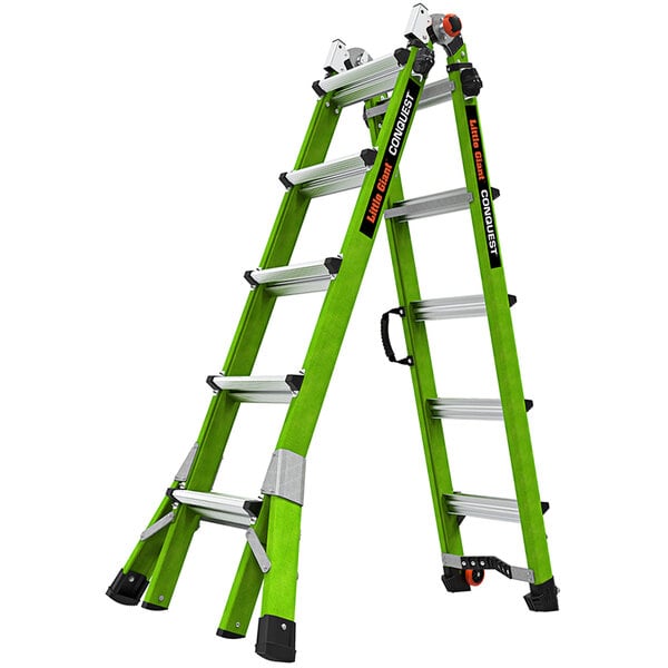 A green Little Giant Conquest 2.0 fiberglass articulated ladder with black and silver accents.
