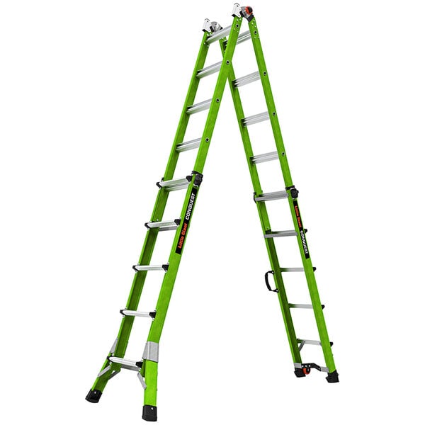A green Little Giant Conquest 2.0 fiberglass articulated ladder with black handles.