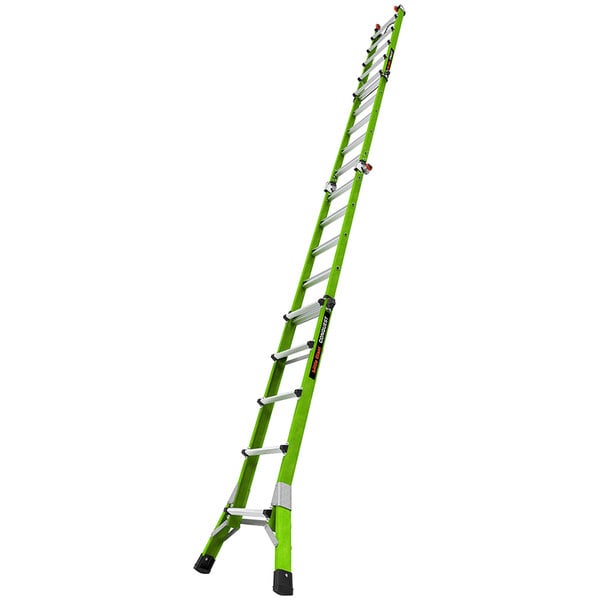 A green Little Giant Conquest 2.0 articulated ladder with white stripes and two handles.