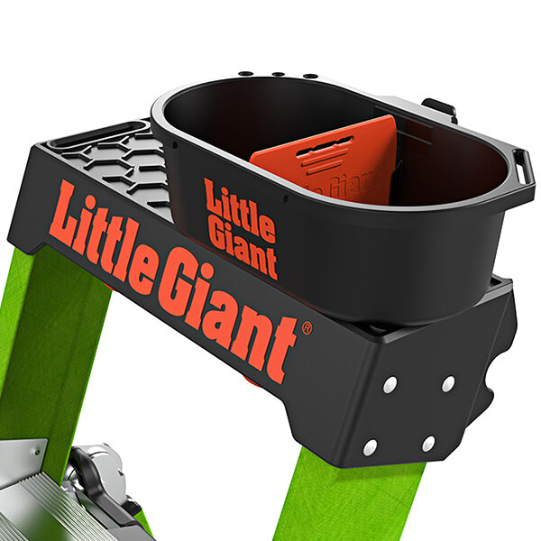 A black bucket with a Little Giant orange label on a green Little Giant ladder.
