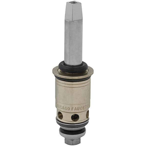 A Chicago Faucets Quaturn compression operating cartridge with a long metal stem and a black handle.