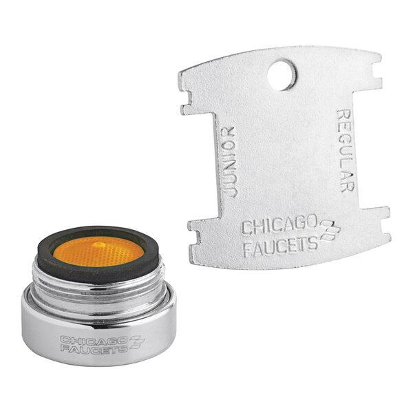 A close-up of a Chicago Faucets silver and yellow Softflo aerator with a yellow circle.