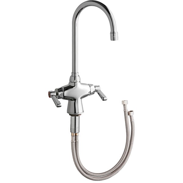 A Chicago Faucets deck-mounted faucet with a gooseneck spout and lever handles.